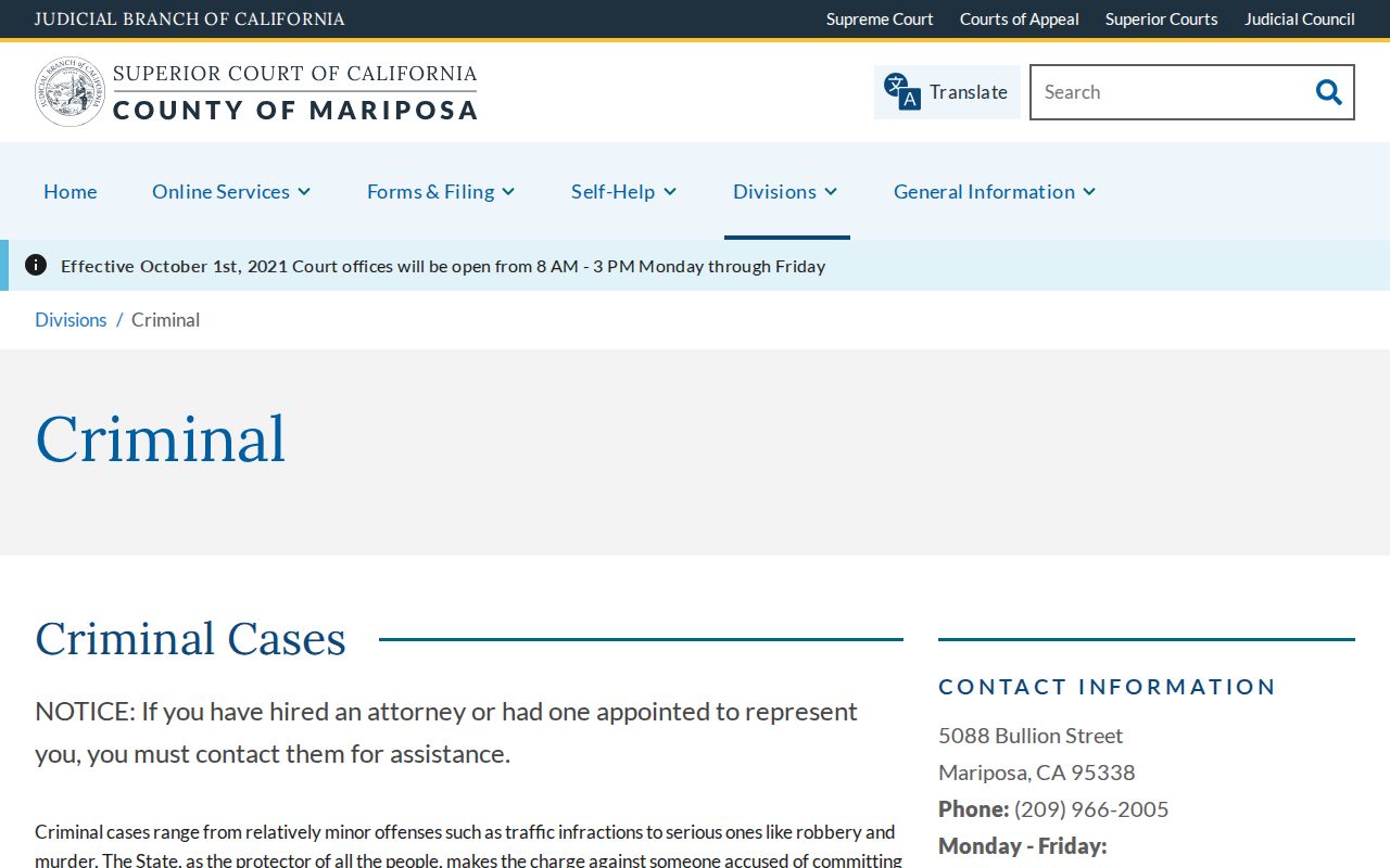 Mariposa County criminal court bench warrant instructions