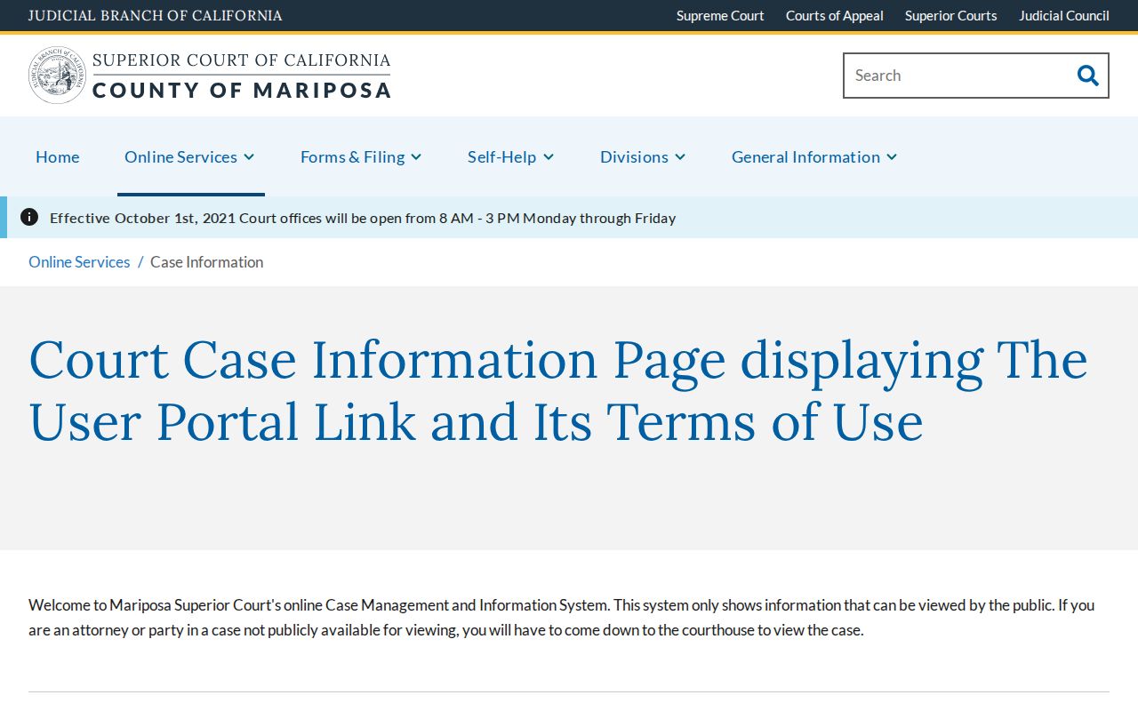 Mariposa County criminal history Superior Court case information page