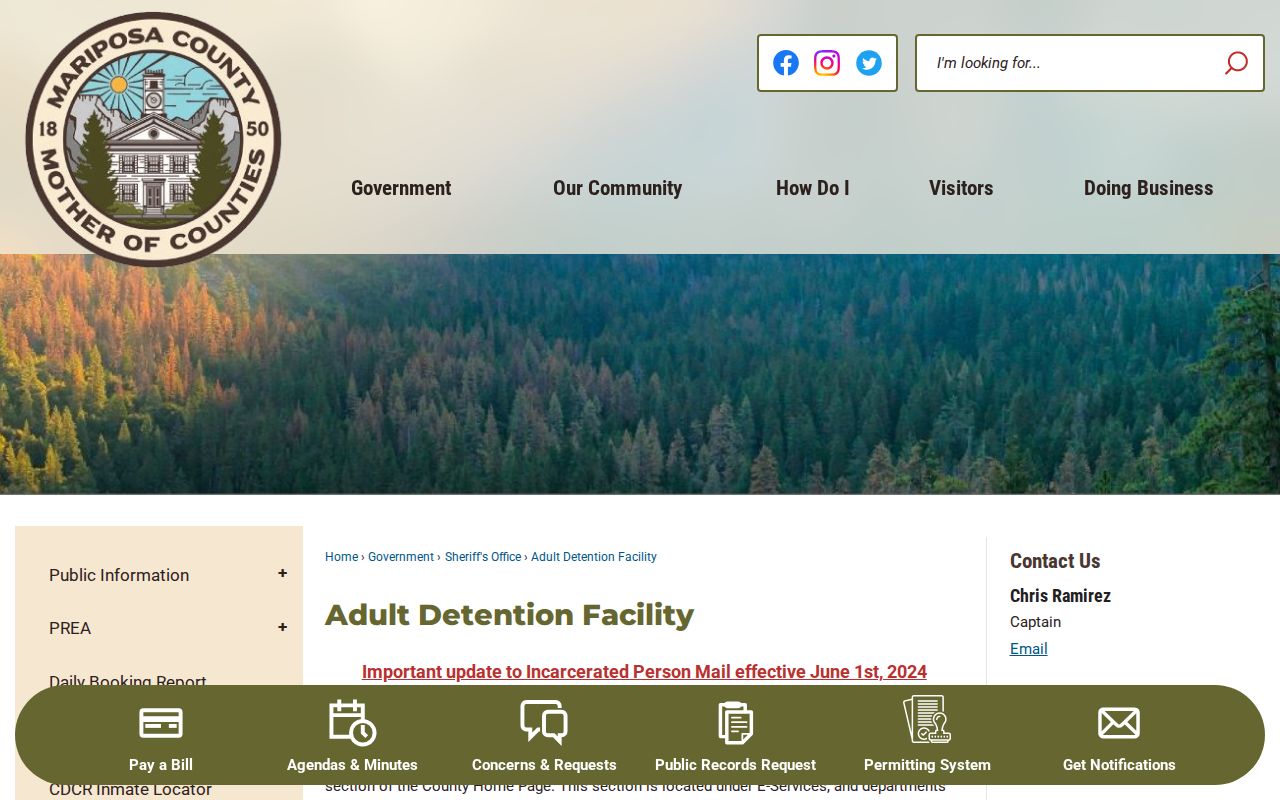 Mariposa County criminal history Adult Detention Facility information