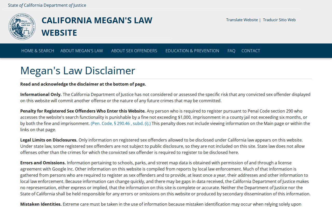 Mariposa County sex offender lookup Megan's Law interface